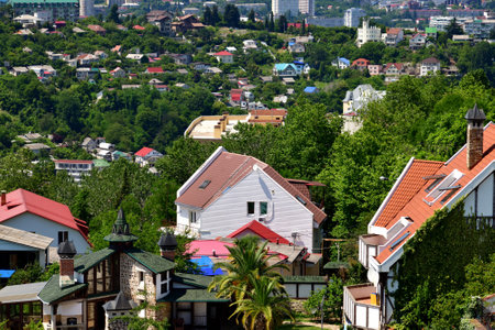 Panoramic view of one-story houses in Sochi, Russiaの写真素材