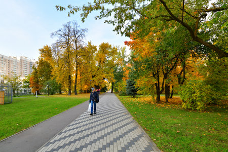 Moscow, Russia - October 2. 2021. The autumn in a boulevard in Zelenogradの写真素材