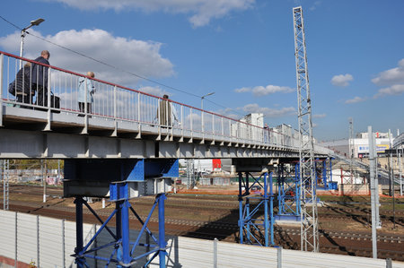 Moscow, Russia - 10 May. 2020. Pedestrian bridge over the railway station Kryukovo in Zelenogradの写真素材