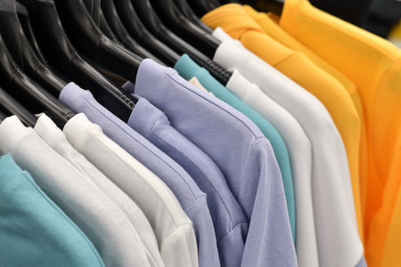 Womens T-shirt on hanger in storeの写真素材