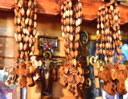 Danilovgrad, Montenegro - June 14. 2019. Orthodox souvenir shop at Ostrog Monasteryの写真素材