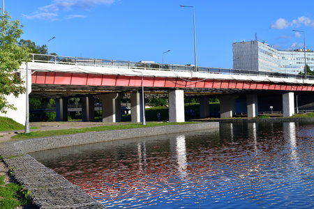 Automobile bridge across river Skhodnya to Zelenograd in Moscow, Russiaの写真素材