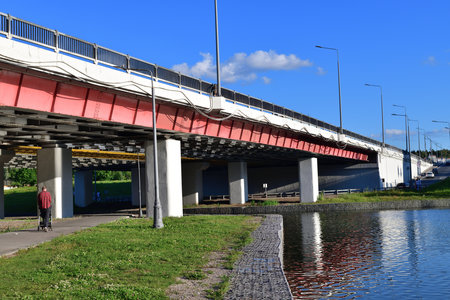 Automobile bridge across river Skhodnya to Zelenograd in Moscow, Russiaの写真素材