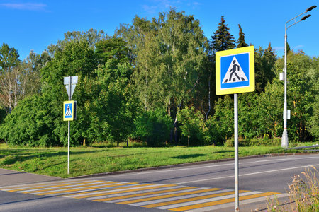 Pedestrian crossing with markings and signs on country roadの写真素材