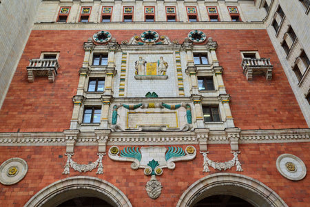 Moscow, Russia - March 5. 2017. For peace in world - decorative panel on the wall of Main building of Lomonosov State Universityの写真素材