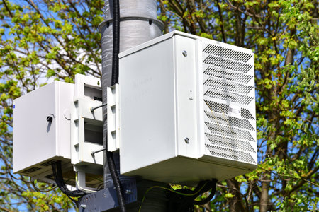 Moscow, Russia - May 14. 2021. Base stations for cellular networks on a pole