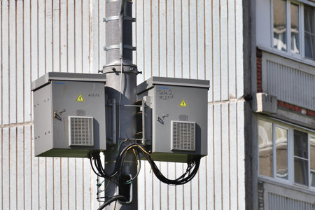 Moscow, Russia - May 14. 2021. Base stations for cellular networks on a pole