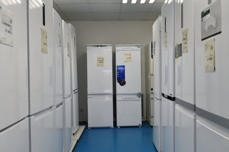 Moscow, Russia - Aug 14. 2023. refrigerators t in Mvideo shop of electronics and home appliances in...