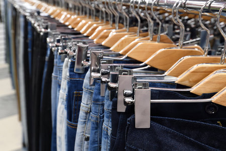 Jeans hanging on hanger in a storeの写真素材