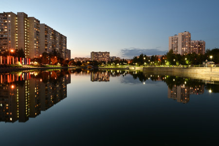 Night landscape with pond in Zelenograd in Moscow. Russiaの写真素材
