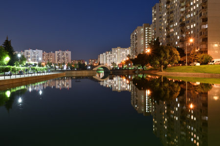 Night landscape with pond in Zelenograd in Moscow. Russiaの写真素材