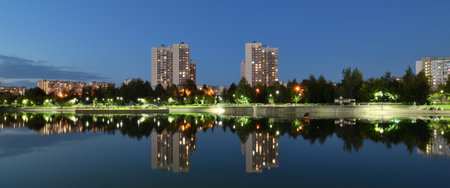Night landscape with pond in Zelenograd in Moscow. Russiaの写真素材