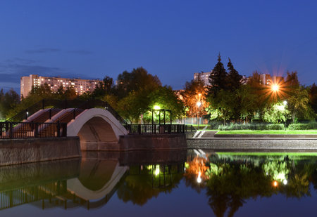 Evening landscape with a pond in Zelenograd in Moscow. Russiaの写真素材