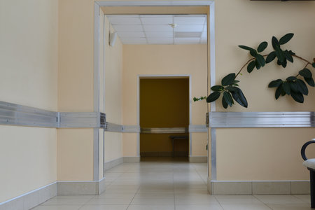 Empty corridor with ficus in clinic in Moscow, Russiaの写真素材