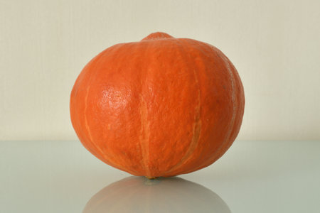Orange pumpkin with reflection on smooth surfaceの写真素材