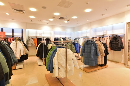 Women's winter insulated jackets in storeの写真素材