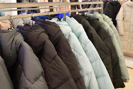 Women's winter insulated jackets in storeの写真素材