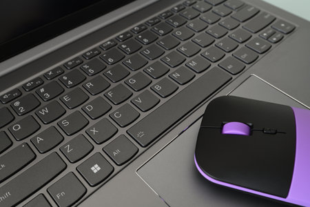 Computer mouse lies on the laptop keyboard