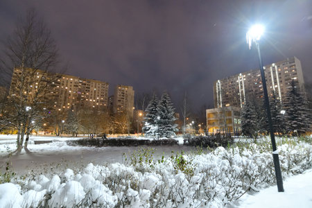 Winter cityscape with multi-storey residential buildings and snow covered fir trees in Moscow, Russiaの写真素材
