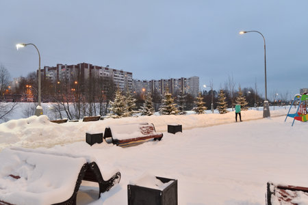 Winter evening landscape in the Moscow, Russiaの写真素材