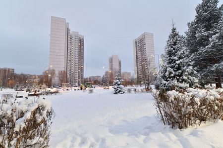 Winter evening landscape in the Moscow, Russiaの写真素材