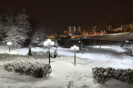 Winter cityscape in park in Moscow, Russiaの写真素材