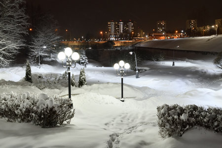 Winter cityscape in park in Moscow, Russiaの写真素材