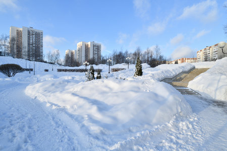 Winter cityscape in park in Moscow, Russiaの写真素材