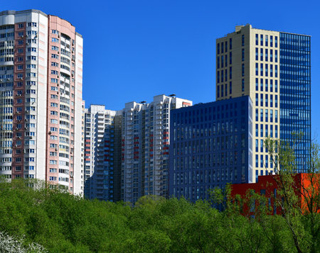 City houses surrounded by trees in the Moscow, Russiaの写真素材