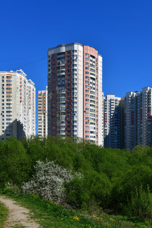 City houses surrounded by trees in the Moscow, Russiaの写真素材