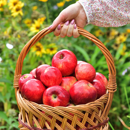 Woman holding wicker basket with red applesの写真素材
