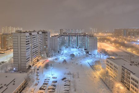 Night city after snowfall in the Moscow, Russiaの写真素材