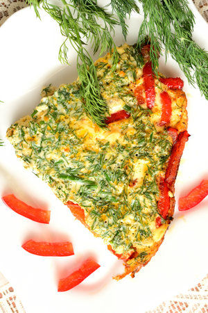 Omelette with sweet pepper and dillの写真素材