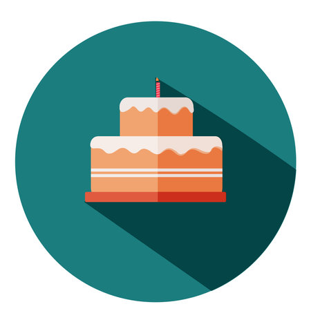 Minimal cake illustration, with candle. Cake icon, on blue background. Colorful template, for birthday.のイラスト素材