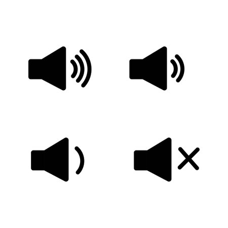 Speaker audio icon set. Volume voice control on off mute symbol. Flat application interface sound sign button. Vector illustration image. Isolated on white background.のイラスト素材