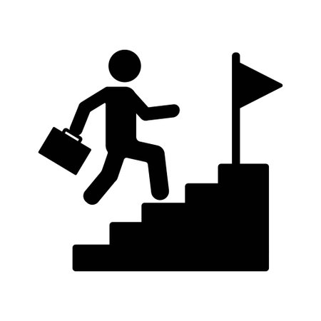Career ladder with flag and man line and solid icon, startup concept, Business growth sign on white background, businessman climbing upstairs icon in outline style for mobile and web. Vector graphics.のイラスト素材