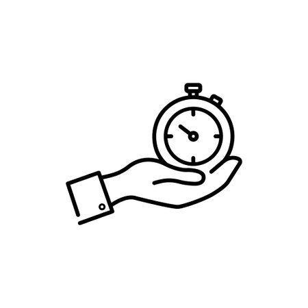 Stopwatch in hand, icon black isolated on white background. Vector illustration flat design. Sport timer on competitions. Trainer holding stopwatch. Start, finish. Time management.のイラスト素材