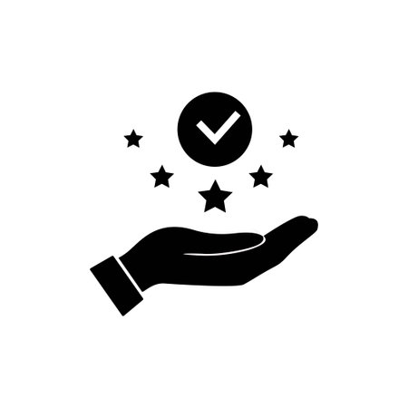 ustomer satisfaction icon. Reputation 5 stars line icon with thumb up. Quality review with feedback template. Customer reputation concept vector illustration isolated on white background.のイラスト素材