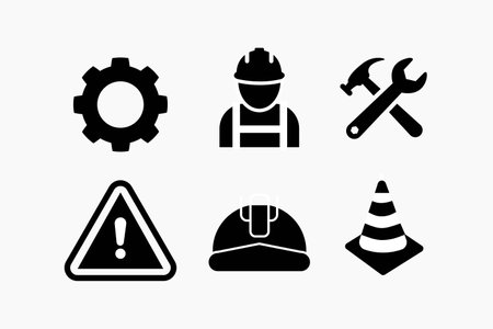 Construction icon set on white background. Construction man, helmet, gear, tools, exclamation mark icon in flat style design. Vector illustration.のイラスト素材