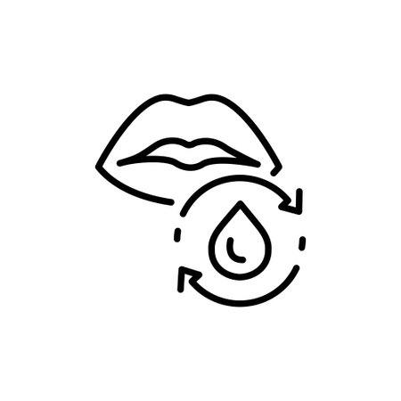 Lip outline icon, lipstick or water gel, mouth with liquid drop, water cycle for face, thin line symbol on white background.のイラスト素材