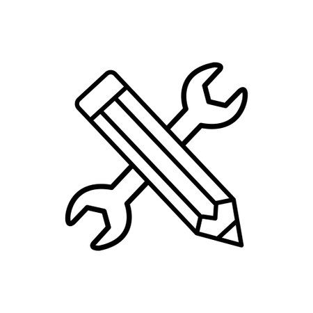 Outline style ui icons hard skill collection. Technology and business. Vector black linear icon illustration. Wrench and pencil crossed technical writing symbol isolated on white background.のイラスト素材