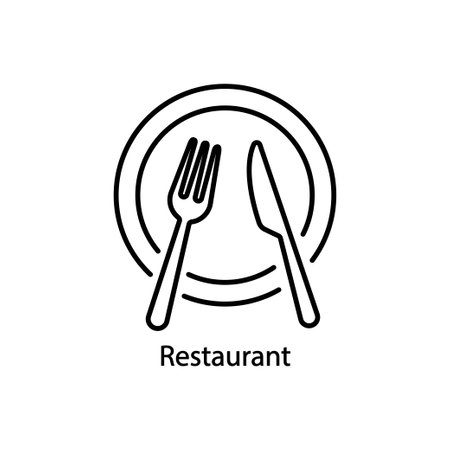 Simple black thin line restaurant logo. concept of nutrition service or serving dishes in dining room or canteen. contour flat style trend stroke logotype graphic art design element isolated on whiteのイラスト素材