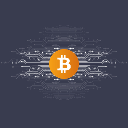 Virtual symbols of the coin bitcoin. Crypto currency. Abstract technology.のイラスト素材