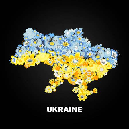blue yellow flowers in Ukraine map shape pray for Ukrainian peace save Ukraine from russia stop war concept horizontal vector illustrationのイラスト素材
