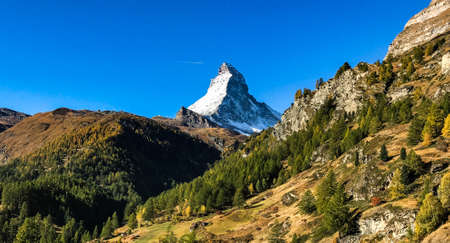 Fantastic view of the Matterhorn mountain. Absolutely blue sky. Dramatic and picturesque scene. Popular tourist attraction. Location of the Swiss Alps, Zermatt, Europe.  World of beauty.の写真素材