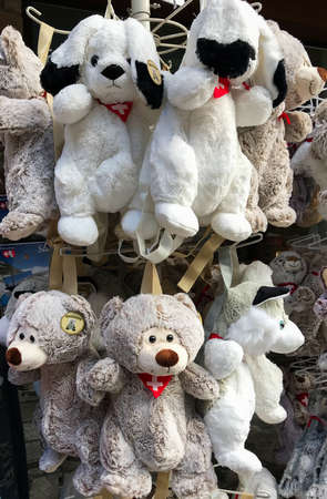 Gift shop on the street of the Swiss city. Stuffed animals with the Swiss flag. Popular tourist attraction. The location of Zermatt, Europe. World of beauty.のeditorial素材