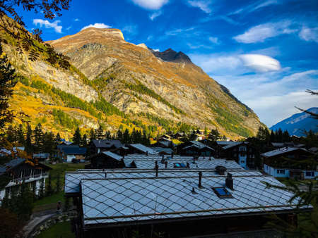 Fantastic view of the city of Zermatt, Switzerland on the background of the mountains. Popular tourist attraction. World of beauty. Zermatt, Switzerlandの写真素材