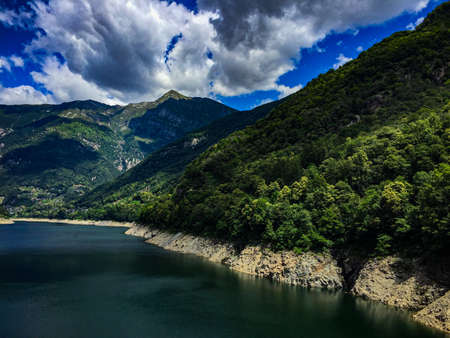 Beautiful Sunny day in the Canton of Ticino, Switzerland with river and mountain views