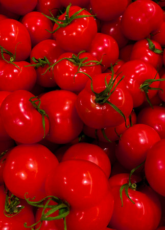 Delicious vegetables at the weekend market. Red tomato. Green juicy pepper. Red pepper. Green juicy cucumbersの写真素材