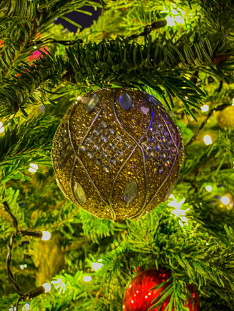 Preparations for the celebration of Christmas with evening light. Decorations on the Christmas tree. World of beautyの写真素材
